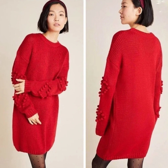 NWT 4SI3NNA Anthro Heart Pom Valentine Crewneck Chunky Knit Mini Sweater XS Love - Picture 1 of 15